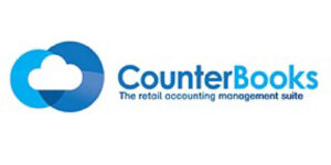 CounterBooks logo: blue circular icon with a white cloud beside the brand name and the tagline 'The retail accounting management suite'.