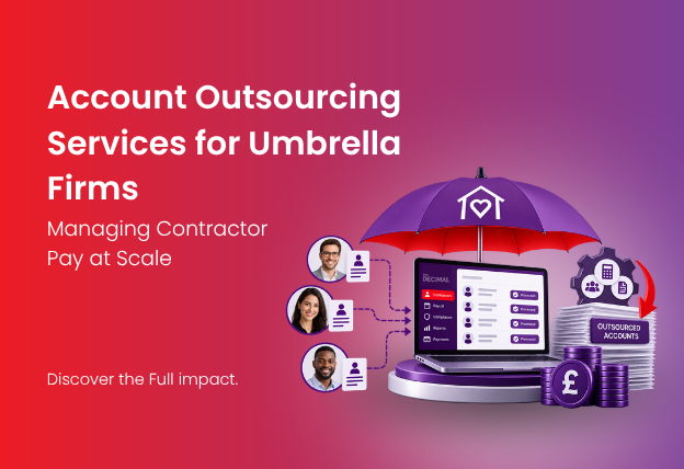 Account Outsourcing Services for Umbrella Firms Managing | IMS Decimal Hero image announcing account outsourcing for umbrella firms, with a laptop dashboard under a purple umbrella, coins, and profile icons on a gradient background.